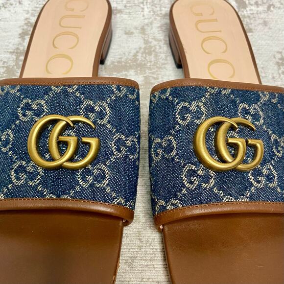 Gucci Jolie Double G Denim Logo & Cognac Leather Slides - Picture 10 of 13